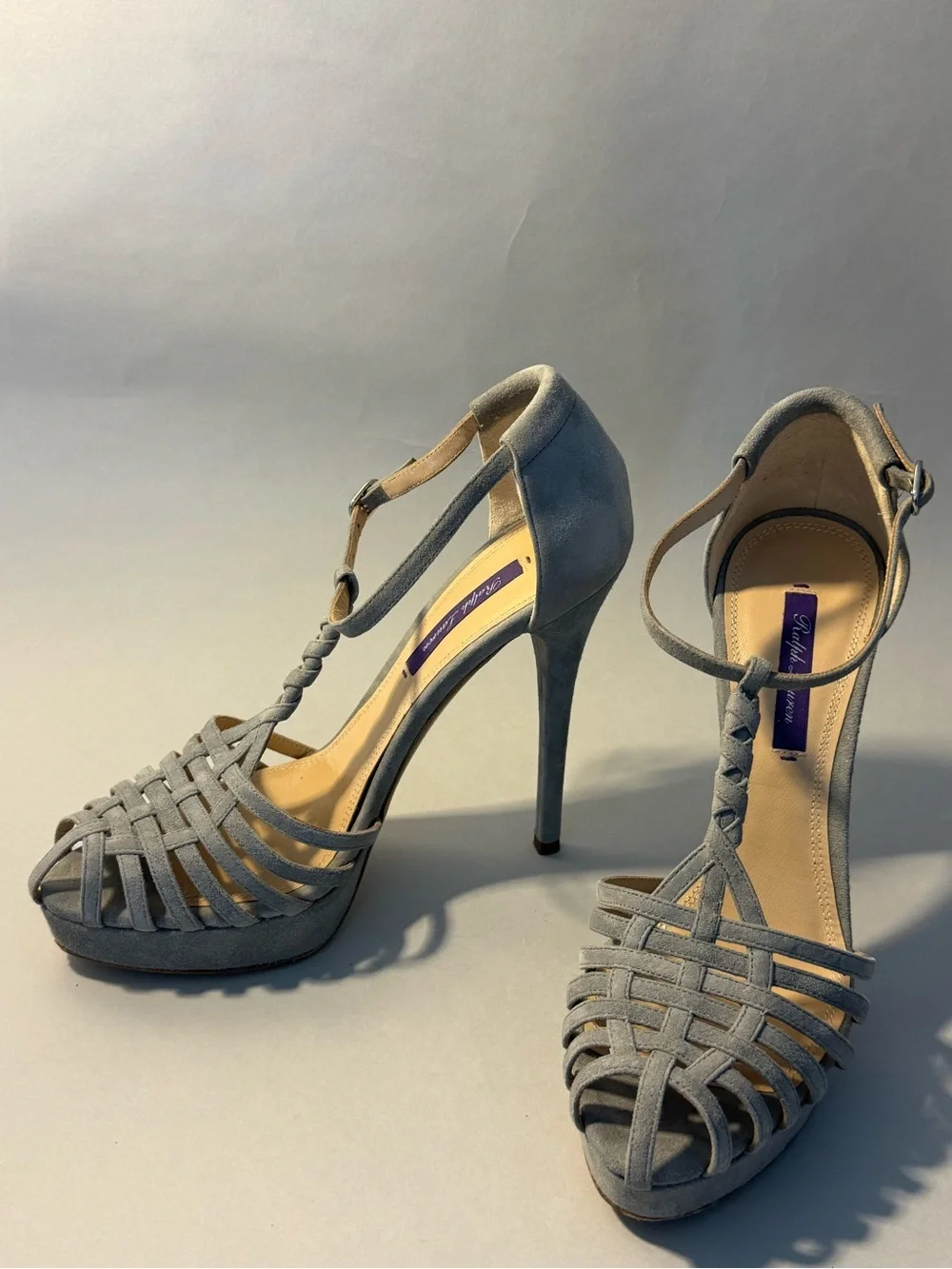 Ralph Lauren Gray Suede Woven T-Strap Heels
